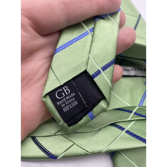 Geoffrey Beene Tie Textured Green Blue Windowpane Check Textured Stripe Wedding - Picture 6 of 7
